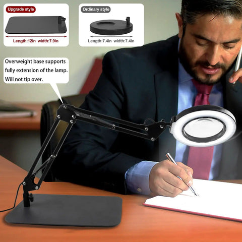 Professional using 12X Magnifying Glass With Light And Stand for note taking; hands free 2 in 1 LED magnifier, adjustable brightness.