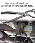 Exhaust Hanger Pliers Tool For Rubber Bracket Removal And Separation shown in use on exhaust pipe hanger bracket.
