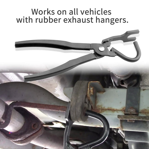 Exhaust Hanger Pliers Tool For Rubber Bracket Removal And Separation shown in use on exhaust pipe hanger bracket.