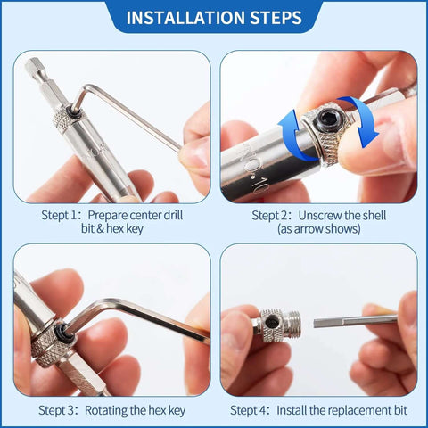 3-piece self-centering hinge tapper drill bit set for woodworking; HSS, 1/4 in hex shank; front view
Side view: unscrewing shell from hinge-tapper drill bit with knurled ring and 1/4 in shank
Close-up: rotating the hex key to adjust self-centering hinge tapper bits
Installed view: replacement bit inserted into hinge tapper core drill assembly