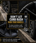 Gloss Black Rim Touch Up Paint And Wheel Scratch Repair Kit For Curb Rash Quick Dry Auto Wheel Refinisher showing product and damaged wheels.