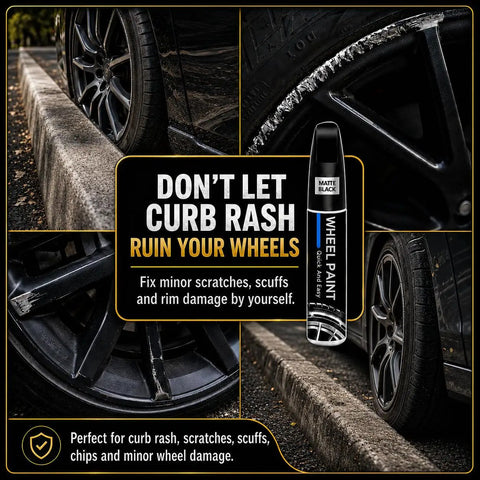 Gloss Black Rim Touch Up Paint And Wheel Scratch Repair Kit For Curb Rash Quick Dry Auto Wheel Refinisher showing product and damaged wheels.