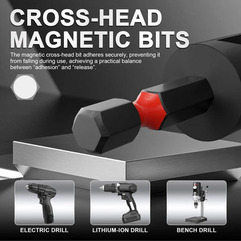 Cross-head magnetic bit used in electric, lithium-ion, and bench drills for secure adhesion during use.
