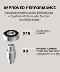 Diagram of Eight Millimeter Inline Skate Bearings Set, Sixteen Pack With Dragon Self Centering Spacers, includes 6mm spacers for derby skates.