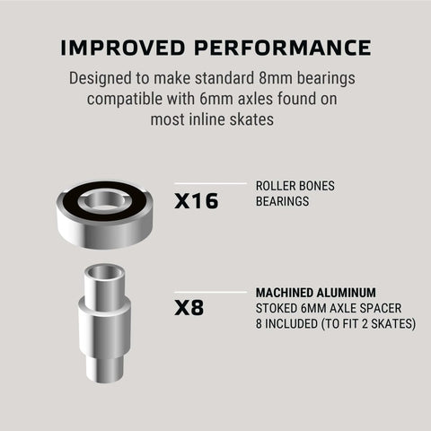 Diagram of Eight Millimeter Inline Skate Bearings Set, Sixteen Pack With Dragon Self Centering Spacers, includes 6mm spacers for derby skates.