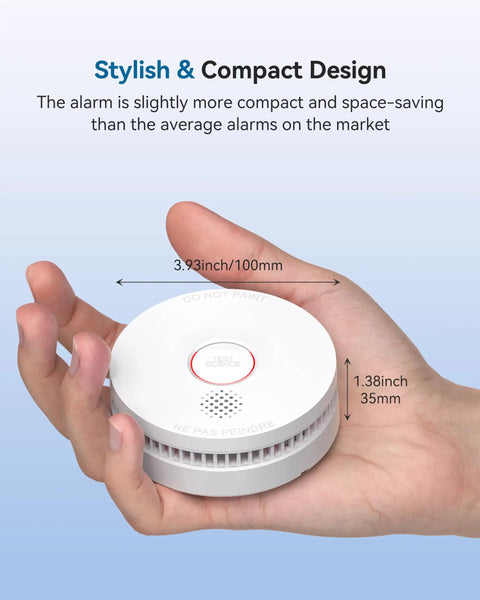10 Year Lifespan Smoke Alarm With Photoelectric Sensor And Magnetic Mounting Kit Low Battery Warning UL217 Listed Home Fire Safety Sensor For House Easy Install No Battery Swaps For A Decade Keeps Your Home Protected. Compact white smoke alarm in hand, 3.93 x 1.38 inches