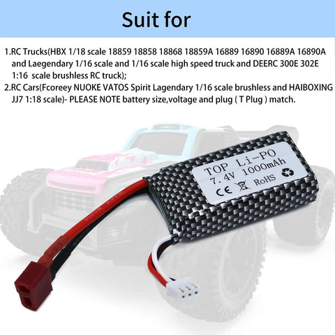 7.4V 1000mAh Li Ion Battery Pack For RC Trucks And Cars, 2 Pack 2S 25C With T Plug, shown with RC vehicle in background