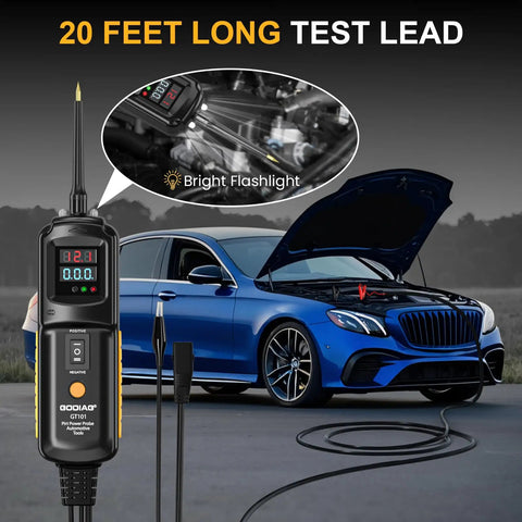 Power Circuit Probe Tester For Auto Electrical Systems 6V-40V DC shown with a blue car, test lead extended.