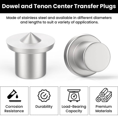 20 Piece Dowel And Tenon Center Transfer Plugs Set For Woodworking, with stainless steel finish and visible pointed pin design.