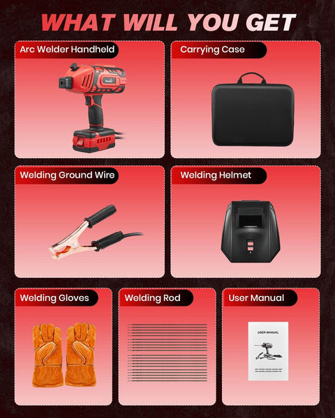 Portable IGBT Inverter Welder with Five Variable Current Settings Anti Stick Arc Gun 110V Home Repair Welding Kit, case, and accessories