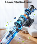 Cordless stick vacuum cleaner with blue body and transparent dust canister; 8-layer filtration.