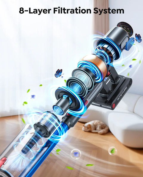 Cordless stick vacuum cleaner with blue body and transparent dust canister; 8-layer filtration.