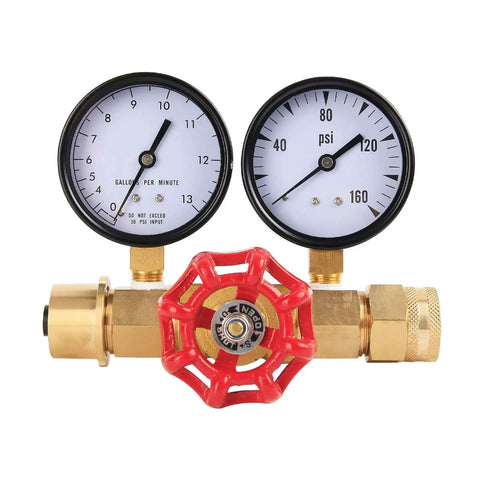 Water Pressure And Flow Test Gauge For Sprinkler Systems With Brass Gate Valve And Three Quarters Inch Hose Thread Reads Zero To One Hundred Sixty Psi And Zero To Thirteen GPM With A Two And A Half Inch Dial