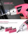 Pink Cordless Electric Screwdriver Kit For Quick Home Repairs And DIY with LED light, showing 19-piece set and components.