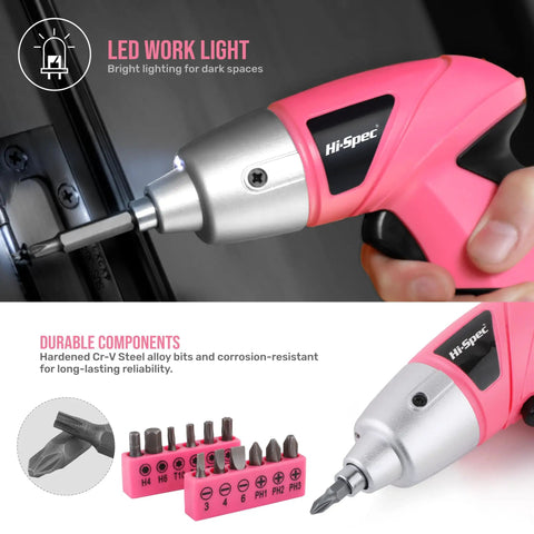 Pink Cordless Electric Screwdriver Kit For Quick Home Repairs And DIY with LED light, showing 19-piece set and components.
