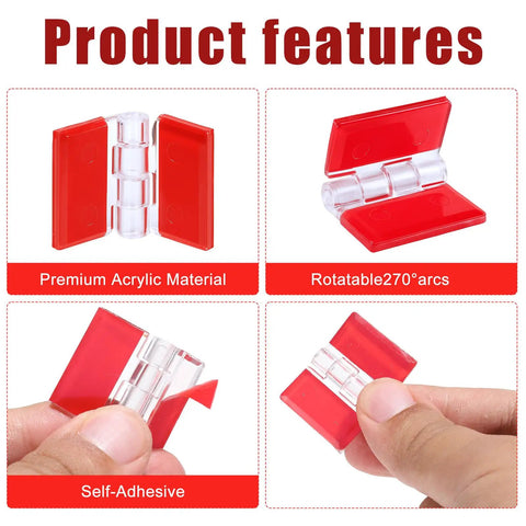 8 Pack Clear Acrylic Self Adhesive Hinges for Cabinets Drawers Lids and Displays, featuring red cover, 275° swing