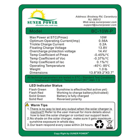 Technical specifications label for 10W 12V Solar Battery Charger Maintainer With Built In MPPT Controller Waterproof Solar Panel Kit