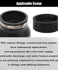 Black PVC Reducer Coupler From 4 Inch To 3 Inch With Gate Valve Bushing And 2 Clamps For RV Plumbing Fittings Durable PVC Pipe Adapter For RV Sewer Connection Easy Install Reusable shown in applicable scene with description text