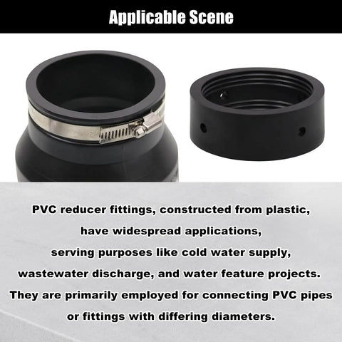 Black PVC Reducer Coupler From 4 Inch To 3 Inch With Gate Valve Bushing And 2 Clamps For RV Plumbing Fittings Durable PVC Pipe Adapter For RV Sewer Connection Easy Install Reusable shown in applicable scene with description text