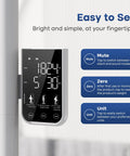 Pro Grade Clinic Height And Weight Scale With Ultrasonic Sensors And Four High Precision Load Cells, 76.8 Inch Max Height, 23.6 To 76.8 Inch Range, Accurate BMI Calculator Up To 485 Pounds Or 220 Kilograms. wall-mounted display showing mute, zero, and unit controls