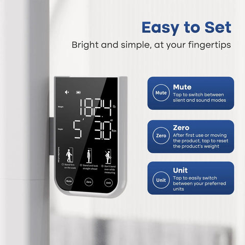 Pro Grade Clinic Height And Weight Scale With Ultrasonic Sensors And Four High Precision Load Cells, 76.8 Inch Max Height, 23.6 To 76.8 Inch Range, Accurate BMI Calculator Up To 485 Pounds Or 220 Kilograms. wall-mounted display showing mute, zero, and unit controls