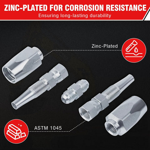 5-piece hydraulic hose field repair kit with zinc-plated fittings for 1/4, 3/8, 1/2 in hoses; reusable.