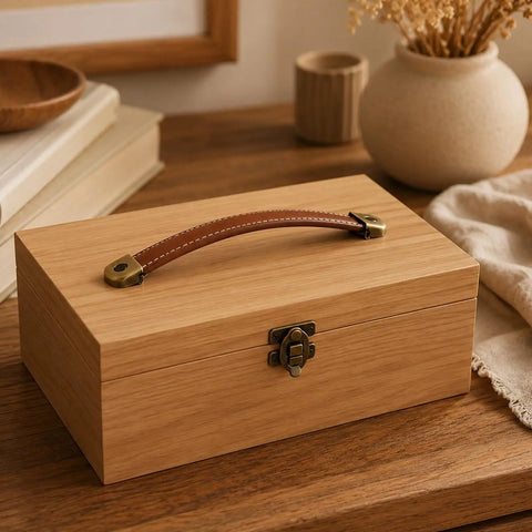 Wooden box with brown 4 Pack Leather Drawer Pulls With Mounting Screws Brown Leather Handles With Zinc Alloy Hardware 7.48 Inch Width