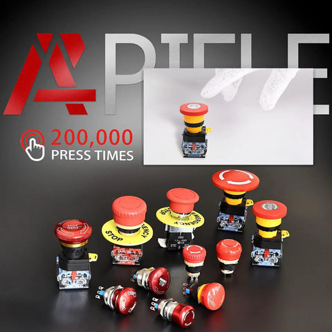 Various 22mm Red Emergency Stop Push Button Switches With Mushroom Head, Stop Signal 1NO1NC 600V 10A, demonstrating durability.