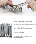 Watch Crown Winder Tool Set 8 Piece 2 To 10mm Manual Winding Repair Kit with hands using tool on watch in background