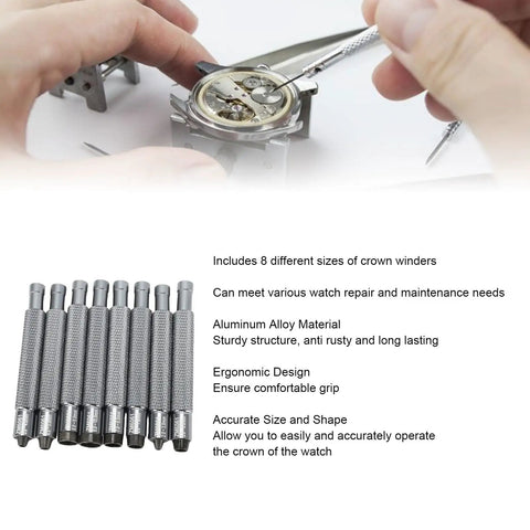 Watch Crown Winder Tool Set 8 Piece 2 To 10mm Manual Winding Repair Kit with hands using tool on watch in background