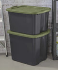 Roomy 17.5 Gallon Plastic Storage Bin With Secure Stackable Lid And Opaque Base, Full Grip Handles, stacked bins against a wall.