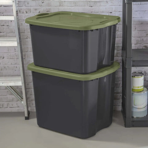 Roomy 17.5 Gallon Plastic Storage Bin With Secure Stackable Lid And Opaque Base, Full Grip Handles, stacked bins against a wall.