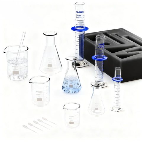 Comprehensive Lab Chemistry Glassware Set For Experiments with various beakers, flasks, cylinders, droppers, and foam packaging.
