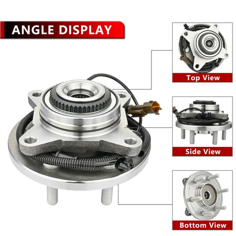 4WD Front Wheel Bearing Hub Assembly For Ford F150 2015 2016 2017 With 6 Lug Bolts And ABS Sensor, top, side, bottom views