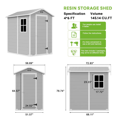 Dimensions and installation tips for 4x6 Ft Outdoor Storage Shed With Floor And Window All Weather Resin Garden Tool Shed.