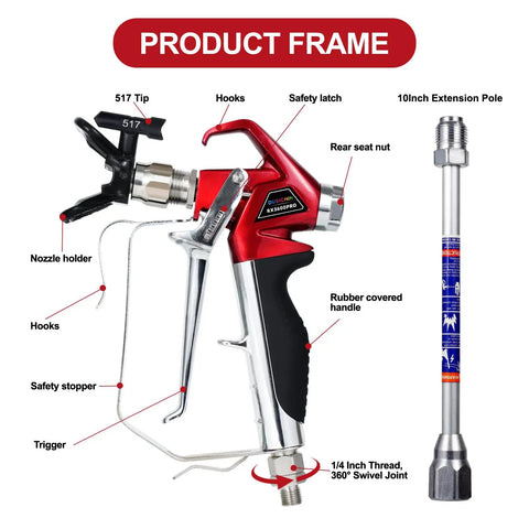Heavy Duty High Pressure Airless Paint Primer Spray Gun Featuring Slick Reversible 517 Tip And Swivel Coupler with 10 Inch Extension Pole.