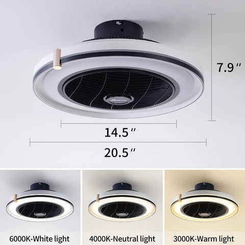 20 Inch Modern Enclosed Ceiling Fan With Light, copper motor, three light color options, low profile design, dimensions shown