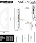 Budget Friendly Sliding Glass Door Handle Set With Mortise Lock And Key Cylinder For Replacement Fits 3-15/16 Inch Screw Hole Spacing Reversible Patio Door Hardware Die Cast White Finish components laid out