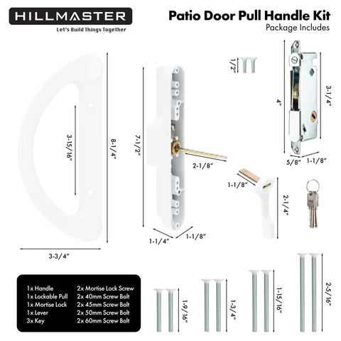 Budget Friendly Sliding Glass Door Handle Set With Mortise Lock And Key Cylinder For Replacement Fits 3-15/16 Inch Screw Hole Spacing Reversible Patio Door Hardware Die Cast White Finish components laid out