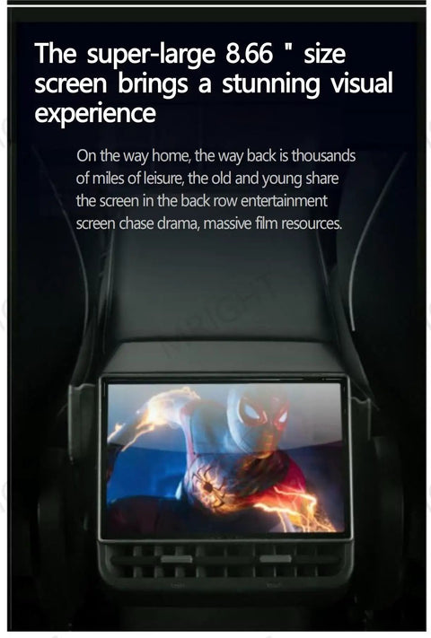 Slick Aftermarket Rear Seat Entertainment Screen For Tesla Model 3 And Model Y With 8.66 Inch HD touchscreen displaying dynamic visuals.