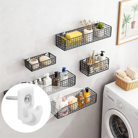 Heavy Duty Wire Shelf Clips With Screws And Anchors For Closet Wall Brackets White Plastic Shelving Hardware 25 Pack, installed on wall with baskets.
