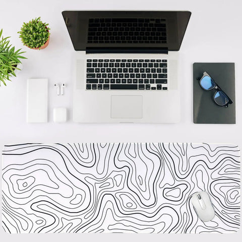 Extended White Topographic Gaming Mouse Pad Desk Mat 31.5 Inch By 11.8 Inch Long XL Pad For Gaming And Office with laptop setup