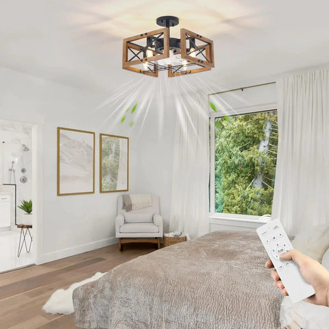 Dope Wood Flush Mount Ceiling Fan With Lights And Remote in modern bedroom featuring caged design and remote control, 6-speed wind