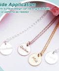 Four engraved necklaces with names, using 4 Pack 54mm Stainless Steel Discs For Dope Crafts And Jewelry Making, Flat Round Sheets.