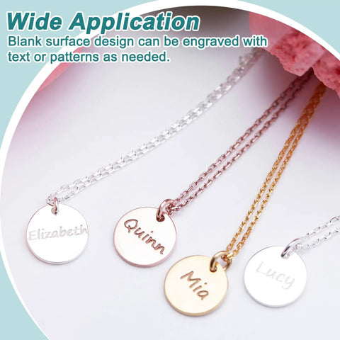 Four engraved necklaces with names, using 4 Pack 54mm Stainless Steel Discs For Dope Crafts And Jewelry Making, Flat Round Sheets.