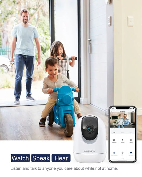 2K Indoor Security Camera With 2.4 And 5GHz WiFi Night Vision And 24 Seven Recording, kids playing, phone app interface visible