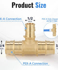 Ten Pack PEX A Reducing Tee Expansion Fitting Lead Free Brass Full Flow Connector For Residential Hot And Cold Water And Radiant Heating Systems ASTM F1960 And cUPC Certified, 3/4x3/4x1/2 size diagram.