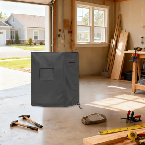 Built Tough Table Saw Cover With Waterproof Jobsite Weather Guard And Integrated Tool Storage Pockets For Contractor Shop Equipment and All Season Protection in garage.