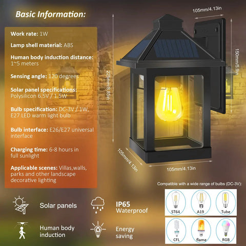Solar Powered Outdoor Wall Lanterns Waterproof With 3 Modes No Fuss 2 Pack Wireless Dusk To Dawn LED Sconce Lights Motion Sensor Wall Mount Porch Light For Patio Garden Yard With Clear Cover showing design and dimensions
