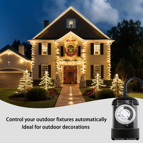 Top Shelf 24 Hour Mechanical Outdoor Timer Outlet 2 Pack Waterproof Weatherproof Switch For Heavy Duty Pool Pumps And Garden Landscape Lighting 15 Amp 3 4 Hp Black Finish No Sweat Timing with Christmas lights on a house.